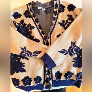 17 Stories Beige and Navy Floral Cardigan